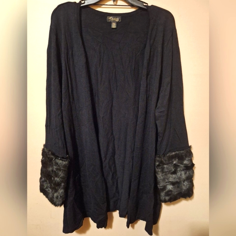 Thalia Sodi Black Cardigan Sweater Womens Size XXL With Faux Fur Cuffs